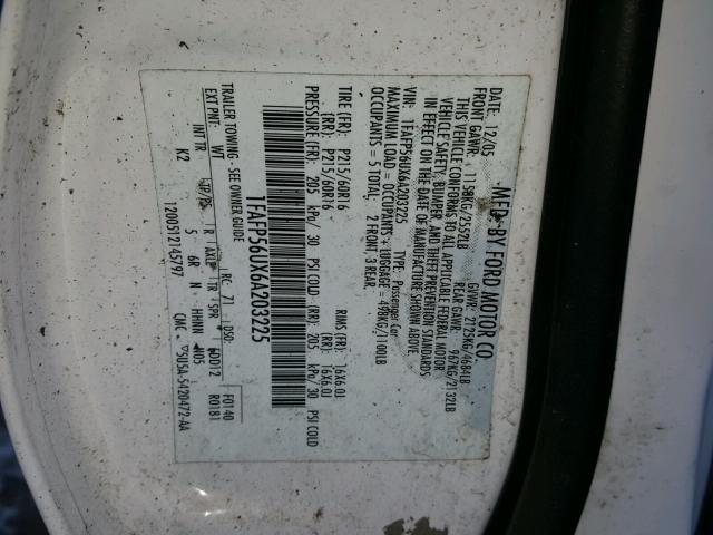 1FAFP56UX6A203225 - 2006 FORD TAURUS SEL WHITE photo 10