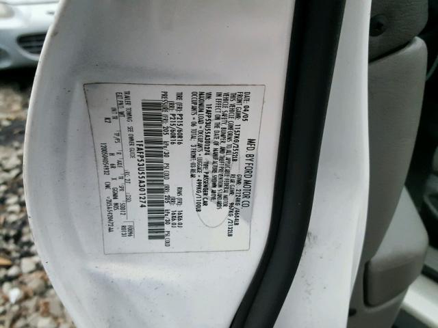 1FAFP53U55A301274 - 2005 FORD TAURUS SE WHITE photo 10