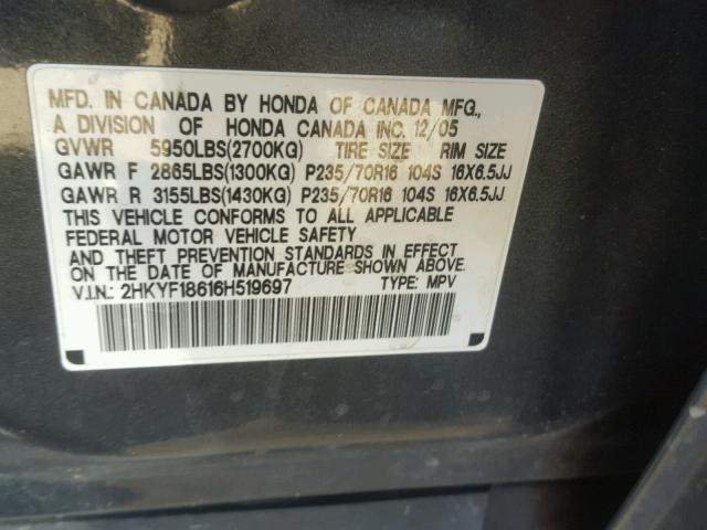 2HKYF18616H519697 - 2006 HONDA PILOT EX GRAY photo 10