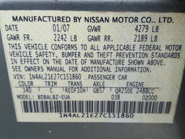 1N4AL21E27C151860 - 2007 NISSAN ALTIMA 2.5 GREEN photo 10