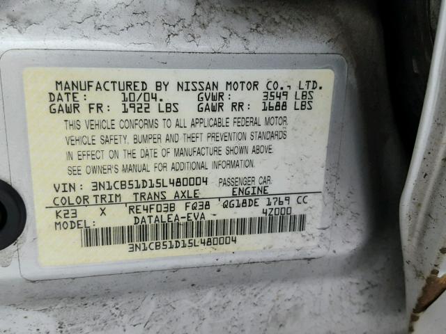 3N1CB51D15L480004 - 2005 NISSAN SENTRA 1.8 GRAY photo 10