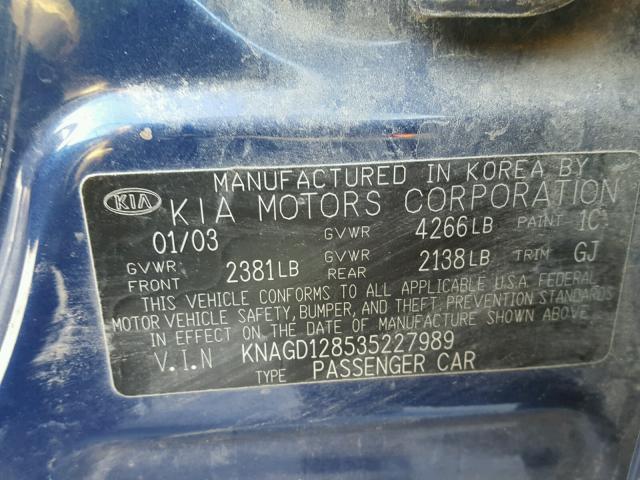 KNAGD128535227989 - 2003 KIA OPTIMA LX BLUE photo 10