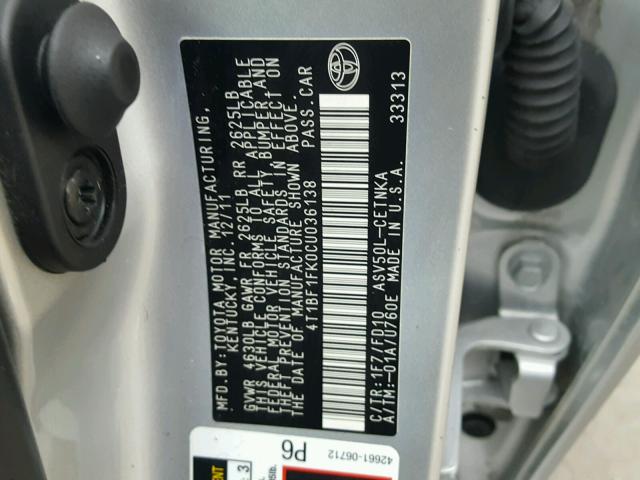 4T1BF1FK0CU036138 - 2012 TOYOTA CAMRY BASE SILVER photo 10