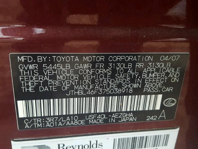 JTHBL46F375038918 - 2007 LEXUS LS 460 BURGUNDY photo 10