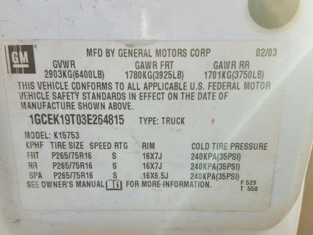 1GCEK19T03E264815 - 2003 CHEVROLET SILVERADO WHITE photo 10