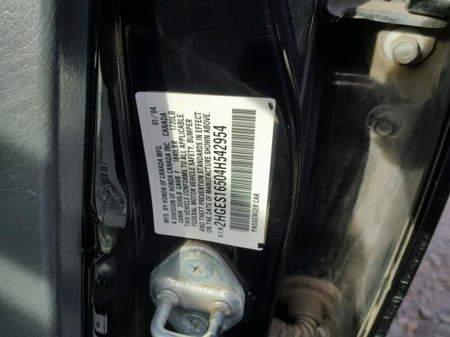 2HGES16504H542954 - 2004 HONDA CIVIC LX BLACK photo 10