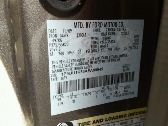 1FMJU1K53AEA80045 - 2010 FORD EXPEDITION GRAY photo 10