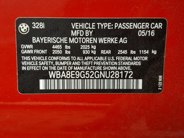 WBA8E9G52GNU28172 - 2016 BMW 328 I SULE RED photo 10