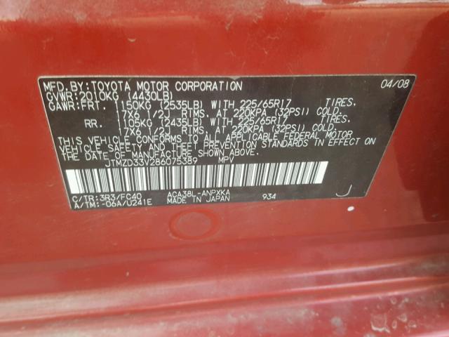 JTMZD33V286075389 - 2008 TOYOTA RAV4 RED photo 10