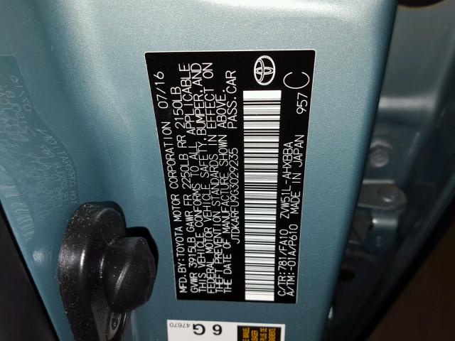 JTDKARFU9G3029235 - 2016 TOYOTA PRIUS TEAL photo 10