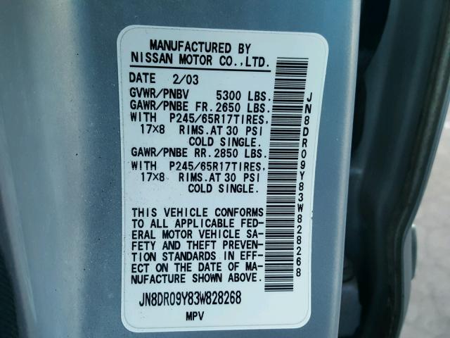 JN8DR09Y83W828268 - 2003 NISSAN PATHFINDER SILVER photo 10