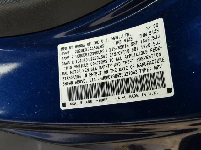 SHSRD78855U327963 - 2005 HONDA CR-V EX BLUE photo 10