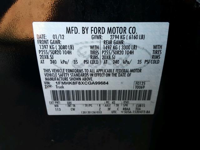 1FMHK8F8XCGA99684 - 2012 FORD EXPLORER L BLACK photo 10