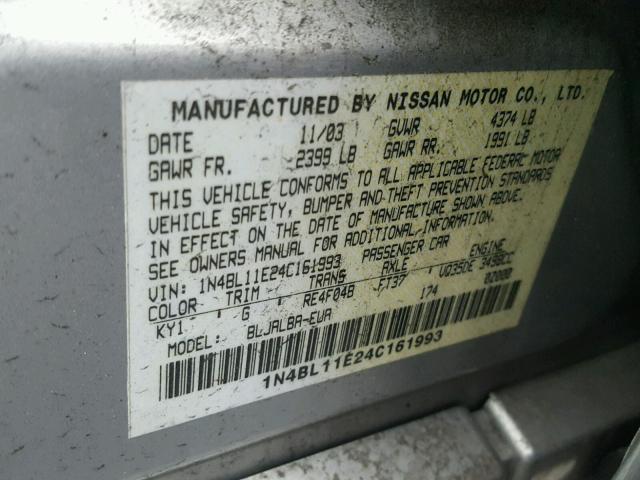 1N4BL11E24C161993 - 2004 NISSAN ALTIMA SE GRAY photo 10