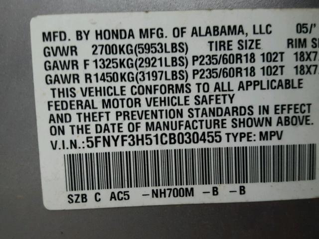 5FNYF3H51CB030455 - 2012 HONDA PILOT EXL SILVER photo 10