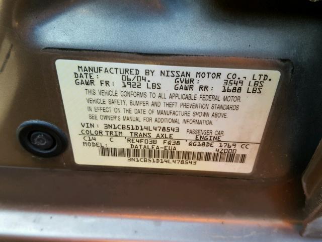 3N1CB51D14L478543 - 2004 NISSAN SENTRA 1.8 GRAY photo 10