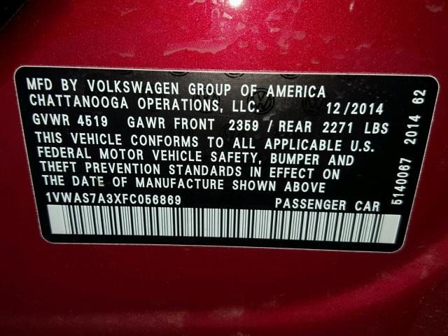 1VWAS7A3XFC056869 - 2015 VOLKSWAGEN PASSAT S Կարմիր լուսանկար 10