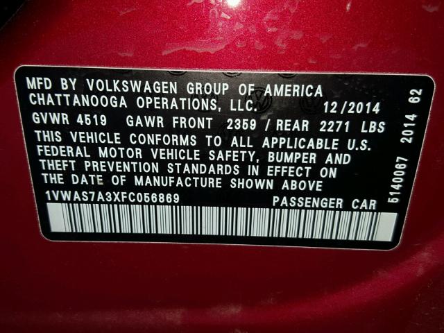 1VWAS7A3XFC056869 - 2015 VOLKSWAGEN PASSAT S RED photo 10