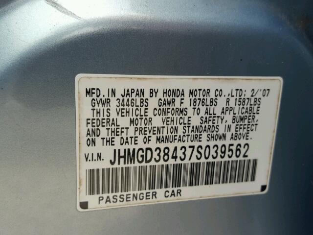 JHMGD38437S039562 - 2007 HONDA FIT BLUE photo 10