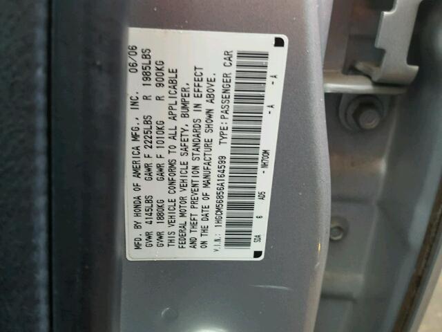 1HGCM56856A164599 - 2006 HONDA ACCORD EX SILVER photo 10