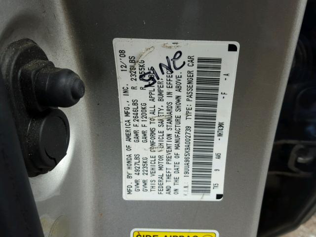 19UUA965X9A002739 - 2009 ACURA TL SILVER photo 10