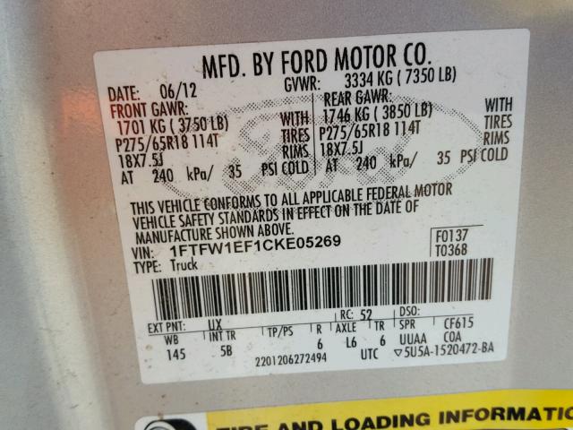 1FTFW1EF1CKE05269 - 2012 FORD F150 SUPER SILVER photo 10