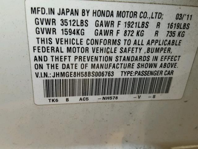JHMGE8H58BS006763 - 2011 HONDA FIT SPORT WHITE photo 10