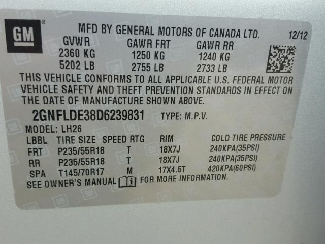 2GNFLDE38D6239831 - 2013 CHEVROLET EQUINOX LT SILVER photo 10