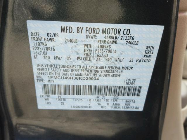 1FMCU49H38KD29904 - 2008 FORD ESCAPE HEV GRAY photo 10