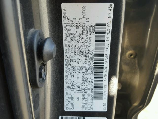 3TMJU4GN8AM097903 - 2010 TOYOTA TACOMA DOU CHARCOAL photo 10