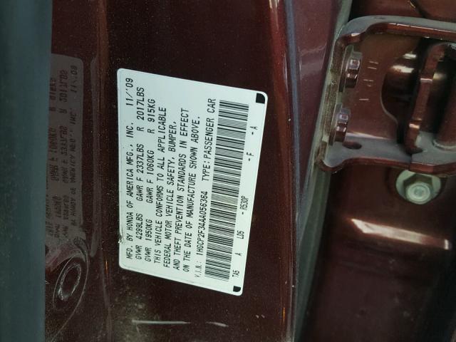 1HGCP2F34AA056364 - 2010 HONDA ACCORD LX BURGUNDY photo 10