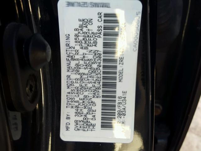 5YFBU4EE3CP043007 - 2012 TOYOTA COROLLA BA BLACK photo 10