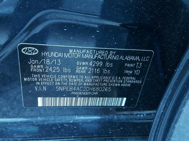 5NPEB4AC2DH680265 - 2013 HYUNDAI SONATA GLS BLUE photo 10