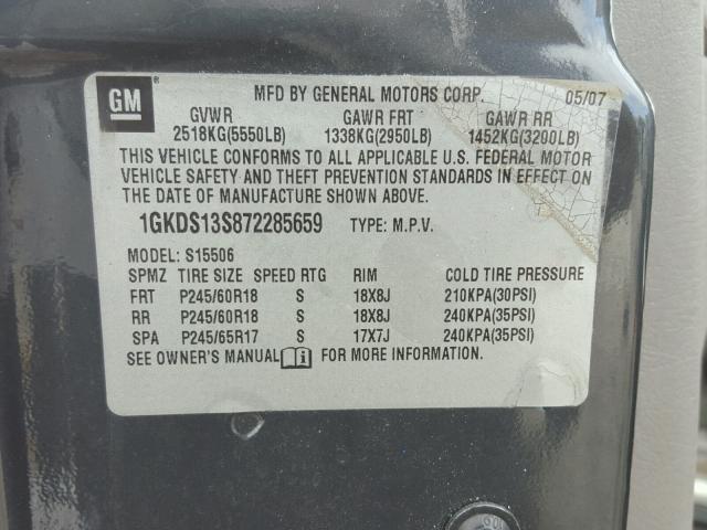 1GKDS13S872285659 - 2007 GMC ENVOY CHARCOAL photo 10