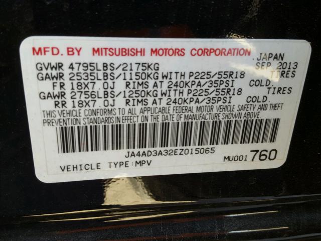 JA4AD3A32EZ015065 - 2014 MITSUBISHI OUTLANDER BLACK photo 10