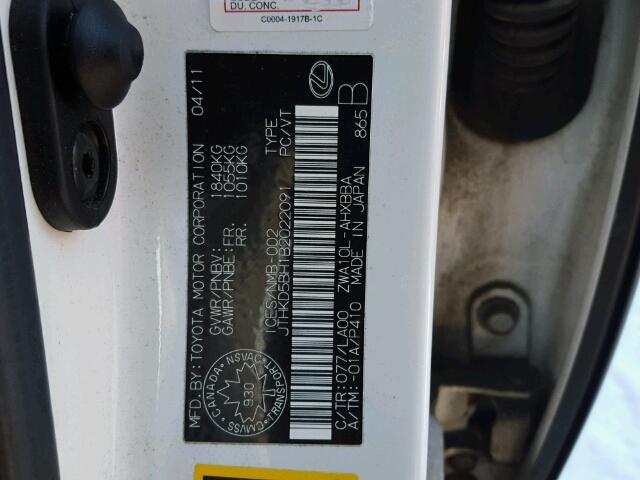 JTHKD5BH1B2022091 - 2011 LEXUS CT 200 WHITE photo 10