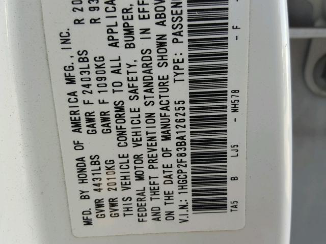 1HGCP2F83BA126255 - 2011 HONDA ACCORD EXL WHITE photo 10