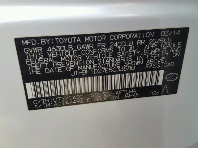 JTHBF1D27E5033580 - 2014 LEXUS IS 250 WHITE photo 10