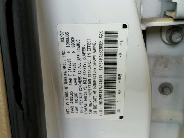 1HGCM56187A141645 - 2007 HONDA ACCORD VAL WHITE photo 10