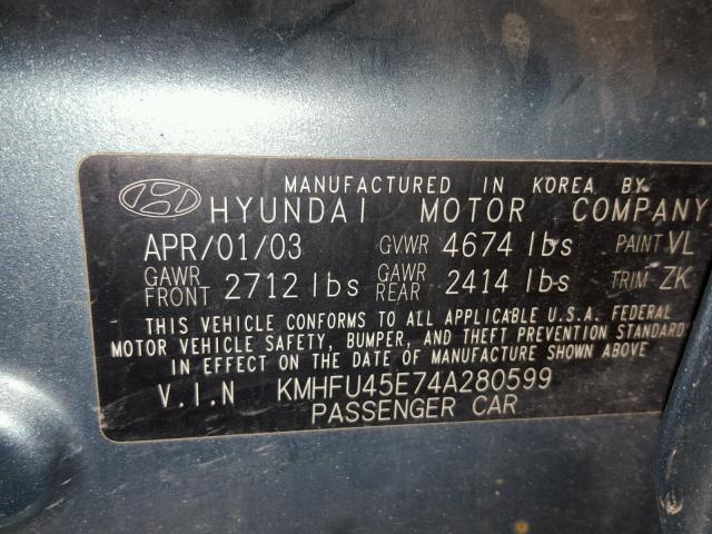 KMHFU45E74A280599 - 2004 HYUNDAI XG 350 TEAL photo 10