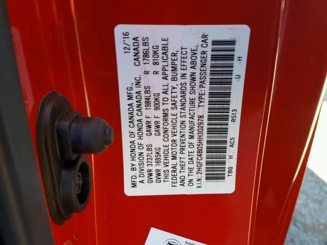 2HGFC4B05HH302978 - 2017 HONDA CIVIC LX RED photo 10