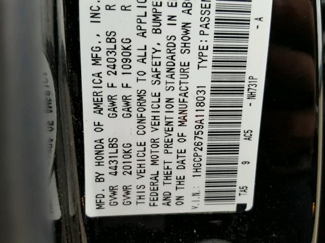 1HGCP26759A118031 - 2009 HONDA ACCORD EX BLACK photo 10