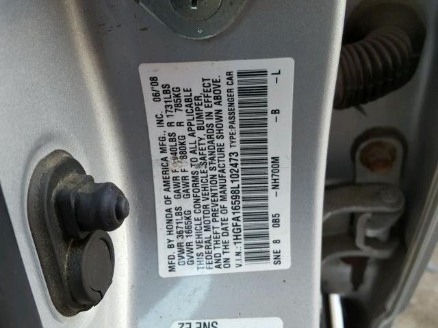 1HGFA16598L102473 - 2008 HONDA CIVIC LX SILVER photo 10