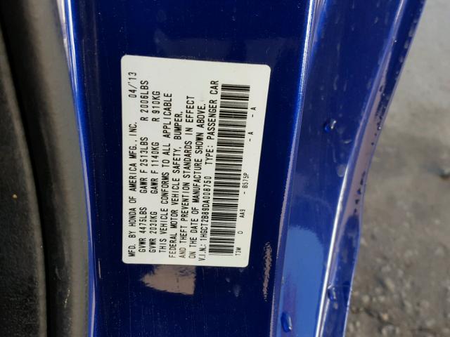 1HGCT2B89DA008750 - 2013 HONDA ACCORD EXL BLUE photo 10