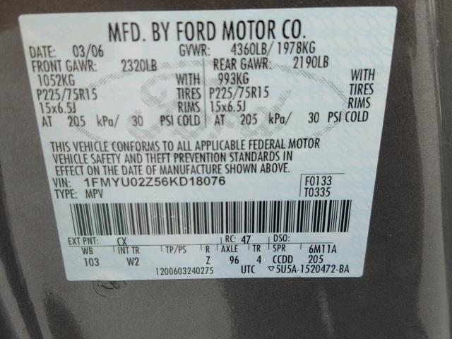 1FMYU02Z56KD18076 - 2006 FORD ESCAPE XLS GRAY photo 10