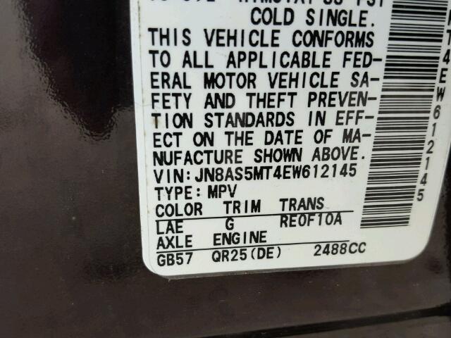 JN8AS5MT4EW612145 - 2014 NISSAN ROGUE SELE BURGUNDY photo 10