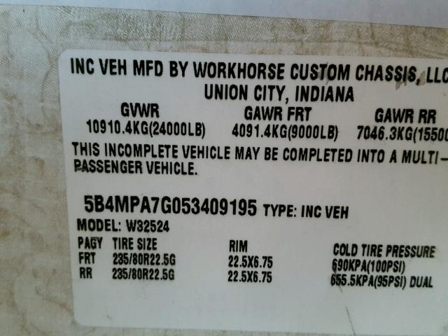 5B4MPA7G053409195 - 2005 WORKHORSE CUSTOM CHASSIS MOTORHOME CREAM photo 10