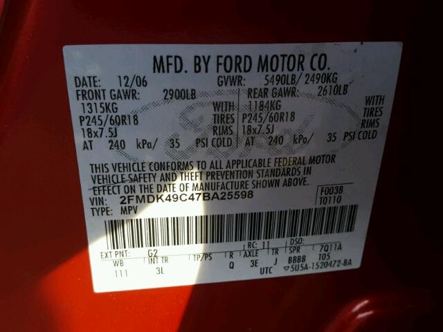 2FMDK49C47BA25598 - 2007 FORD EDGE SEL P RED photo 10