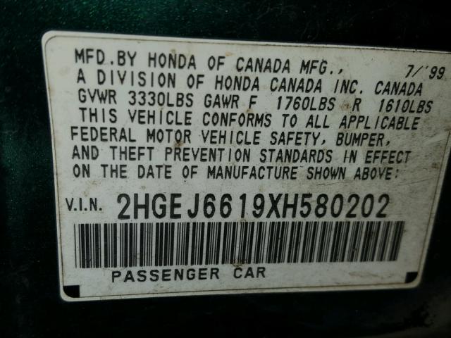 2HGEJ6619XH580202 - 1999 HONDA CIVIC BASE GREEN photo 10