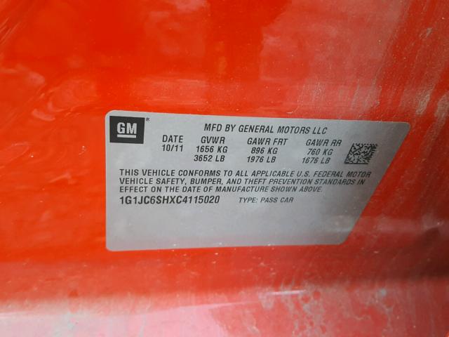 1G1JC6SHXC4115020 - 2012 CHEVROLET SONIC LT RED photo 10